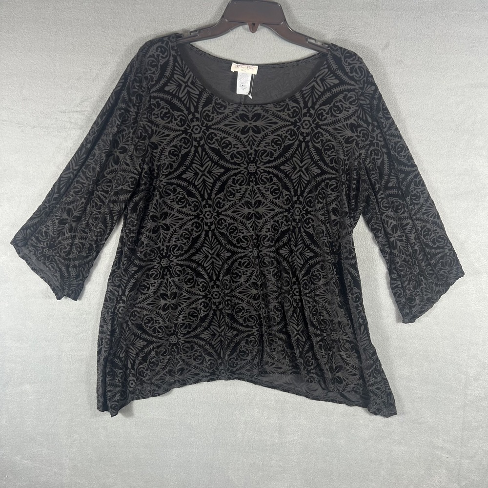 Brittany Black Women's 2X Plus Black Velvet Flocked Tunic Top 3/4 Sleeve